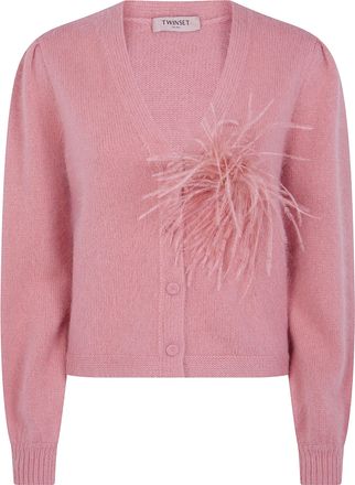 Twin-Set Cropped Cardigan with Fuzzy Knit and Feather Detail
