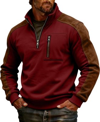 Generic Mens Patchwork Stand Collar 1/4 Zip Up Sweatshirts with Pocket, Casual Trendy Long Sleeve Jumpers for Men Fall and Winter Outdoors Lightweight Cosy Pu