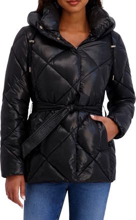 Kensie Belted Diamond Quilted Puffer Coat in Black at Nordstrom, Size X-Large