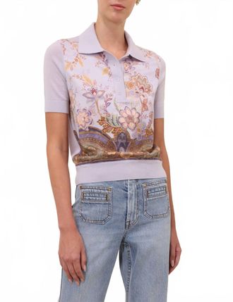 Zimmermann Luna Printed Silk Polo Top In Lilac/print