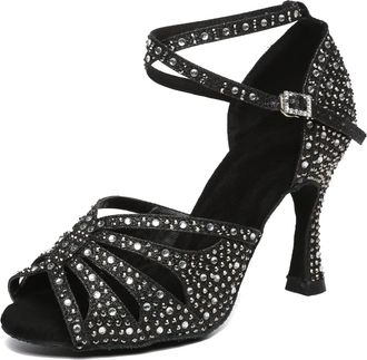 Minitoo Womens Ballroom Dance Shoes Glitter Rhinestones Salsa Latin Dancing Heels L487 Black UK 3.5