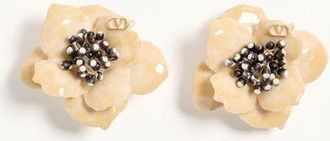 Valentino Garavani Fleur Lumineuse Earring in Metal, Enamel and Fabric Wo