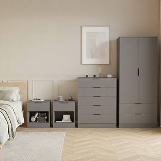 Home Discount Vida Designs Trega 4Pc Bedroom Set(1Dr Bedsidex2, 5Dr Chest, Wardrobe) in Grey