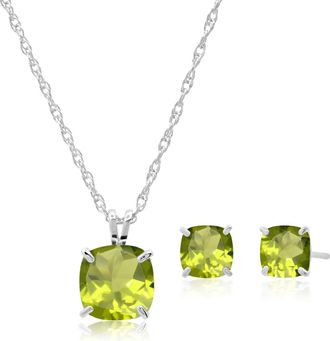 MAX + STONE 925 Sterling Silver Cushion Cut Gemstone Stud Earrings and Pendant Necklace