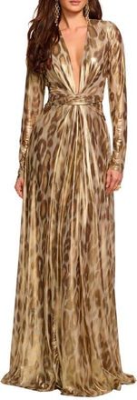 Ramy Brook Martini Metallic Leopard Print Long Sleeve Gown in Gold Animal at Nordstrom, Size 0