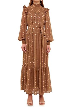 endless rose Metallic Dot Tie Waist Long Sleeve Maxi Dress in Tan at Nordstrom, Size Medium