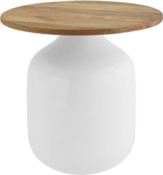 Miliboo Mesa Auxiliar Redonda De Dise&ntilde;o Blanco Y Madera De Mango Macizo H49 Cm Verona