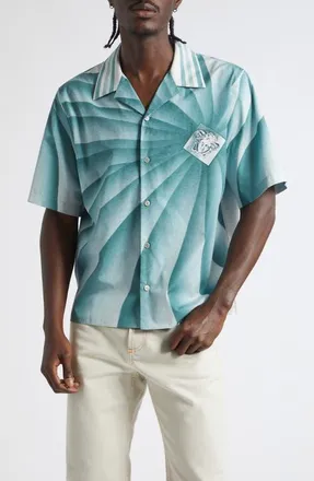 Versace The Vortex Print Cotton Poplin Camp Shirt in Light Teal at Nordstrom, Size 46