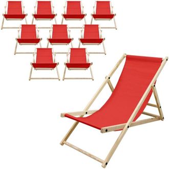 ECD Germany Set di 10 Sedie a Sdraio Pieghevoli in Legno di Pino fino a 120 kg Rosso Schienale Regolabile 3 Posizioni Lettino Prendisole Spiaggia Balcone