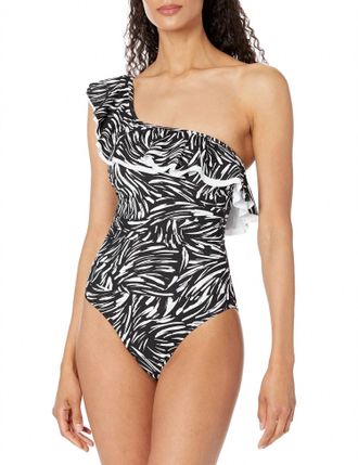 Gottex Swan One Shoulder Ruffle One Piece Swimsuit In Black/white