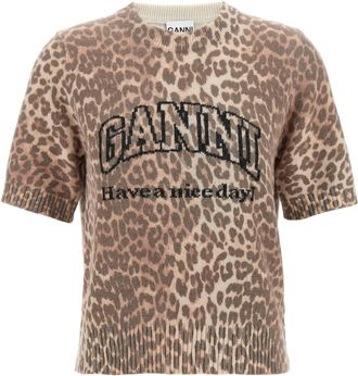 Ganni Ganni Womens Leopard Wool Mix T-Shirt