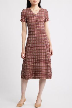 Misook Plaid Multi Stitch A-Line Dress in Scarlet Red/truffle/snd/lazuli at Nordstrom, Size Xx-Large