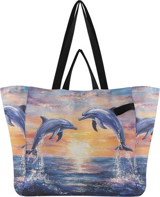 Generic Dolphin Sunset Orange print Reusable Canvas Tote Bag, Heavy Duty Grocery Shopping Bag with Hard Bottom Large Capacity Double Handles Work Groceries Tr