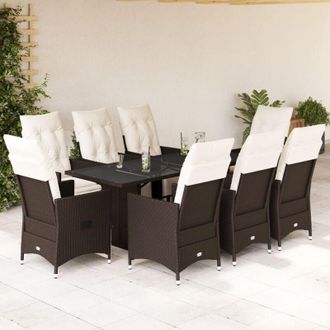 vidaXL Set De Mesa Y Sillas Jard&iacute;n 9 Piezas Y Cojines Rat&aacute;n Pe Marr&oacute;n Vidaxl
