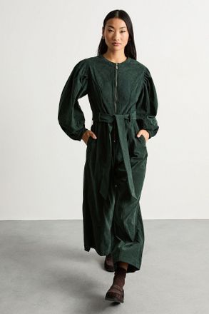 Warehouse Womens Petite Cord Zip Through Belted Jumpsuit - Dark Green - Size 10 UK