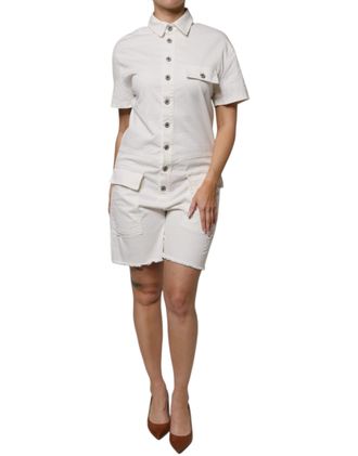 Please White Cotton Short Sleeves Button Down Romper Womens Dress