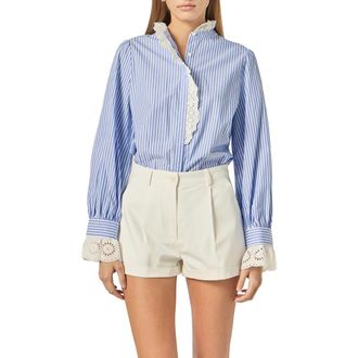 English Factory Stripe Scalloped Lace Trim Button-Up Shirt in Blue/White Stripe at Nordstrom, Size X-Small