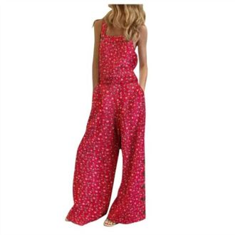 Peach Love California Betty Bibs Floral Linen Light Weight Overalls In Red