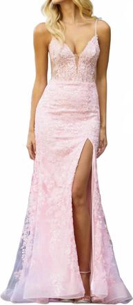 Sherri Hill Fitted Lace Gown With Sheer Corset Bodice In Blush