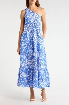 Sugarlips Marny Floral Print One-Shoulder Maxi Dress in Bluewht at Nordstrom, Size X-Large