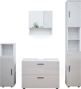 Vicco Conjunto De Muebles De Ba&ntilde;o Irma, Blanco Alto Brillo, 4 Piezas, Con Cajonera Y Armario Alto