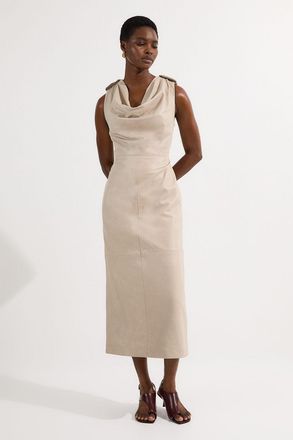Karen Millen Womens Leather Cowl Neck Drape Pencil Midi Dress - Beige - Size 10 UK