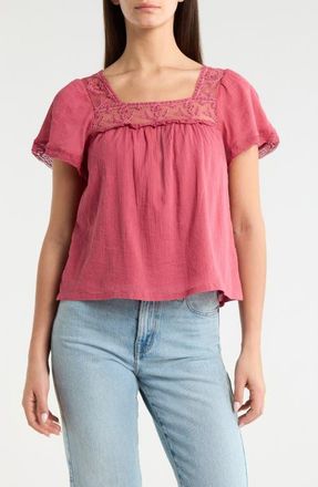 Lucky Brand Lace Mesh Detail Square Neck Cotton Top in Rose Wine at Nordstrom, Size Xx-Large
