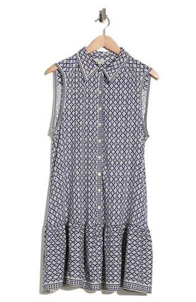 Max Studio Sleeveless Ruffle Hem Shirtdress in Indigo/Cream Chainmail Geo at Nordstrom Rack, Size 1X