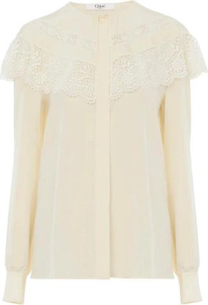 Chlo&eacute; Witte zijden blouse met kantdetails - Dames - Overhemden - Wit - S - Overhemden