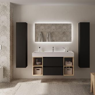 Cygnus Bath Mueble Ba&ntilde;o Bequia 120 Cm Negro Y 2 Coquetas Laterales Roble Con Lavabo