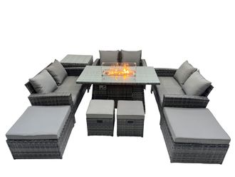 Fimous Outdoor Love Sofa Set &Gas Firpit Dining Table 4 Footstools Side Table in Dark Grey