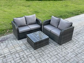 Fimous Rattan Sofa Set Outdoor Garden Furniture Set with Square Coffee Table Loveseat Sofa Dark Grey Mixed