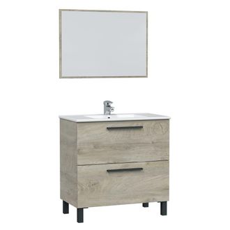 HOMN Mueble de ba&ntilde;o 2 cajones, espejo y con lavabo cer&aacute;mico, 80 cm