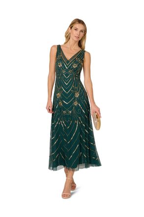 Adrianna Papell Womens Studio Beaded Mesh Dress - Green - Size 22 UK