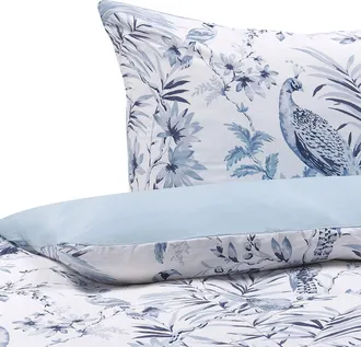 Beliani Conjunto De Fundas Y Almohada Algod&oacute;n Blanco Y Azul Estampado Floral 155 X 220 Cm Dormitorio Moderno Estilo Boho Ballard