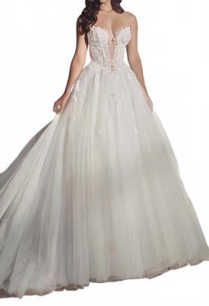 Mon Cheri Ridley Plunging Illusion Sweetheart Neckline Gown In White
