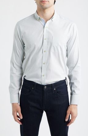 Johnston & Murphy Ovation Stripe Non-Iron Stretch Cotton Button-Up Shirt in Green Striped Oxford at Nordstrom, Size Xxx-Large