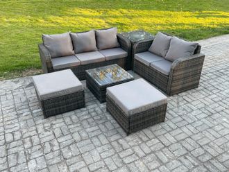 Fimous High Back Rattan Garden Furniture Set with Square Coffee Table Big Footstool Side Table Outdoor Patio Lounge Sofa Set Dark Grey Mixed