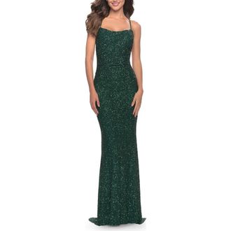 La Femme Chic Soft Sequin Stretch Dress with Open Back in Emerald at Nordstrom, Size 00