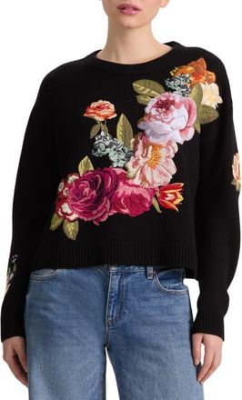 Alice & Olivia Belva Embroidered Floral Wool Blend Sweater in Black Multi at Nordstrom, Size Medium