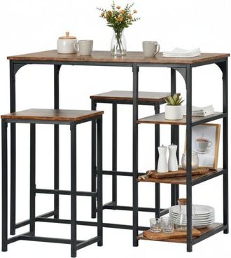 Furniture R FurnitureR 3-Piece Bar Dining Set, Industrial Table with Storage Shelves and 2 Stools, Black Metal Frame with MDF Top, Brown