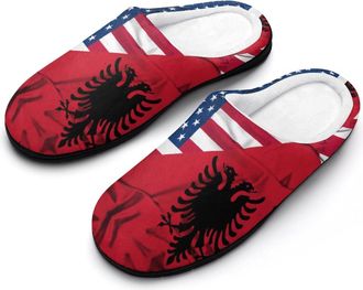 Generic Albania And US Flag Funny Mens Cotton Slippers Soft Non-Slip Rubber Sole House Slipper Indoor Outdoor