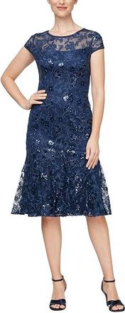 Alex Evenings Short Embroidered Dress with Flounce Detail Skirt and Cap Sleeves Womens Dress Navy : 14, Polyester