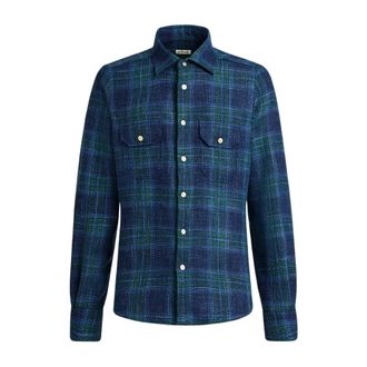 Kiton Tartan wolblend overhemd - Heren - Casual Overhemden - Blauw - 4XL - Wol - Overhemden