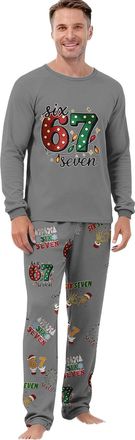 Generic Funny 67 Meme Pyjamas Set Mens Women Funny Six Seven 67 Number Pinted Sleepwear Long Sleeve Pjs Tops and Pants 2 Piece Outfit for Adults (Grey, L)