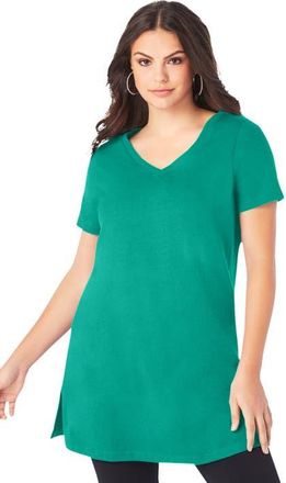 Roaman's Plus Size Ultimate Cotton V-Neck Short Sleeve Tunic in Tropical Emerald at Nordstrom, Size Medium