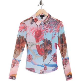 Desigual Long Sleeve Mesh Button-Up Shirt in Blue at Nordstrom Rack, Size Small