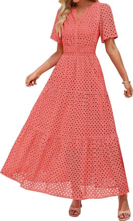 Generic Womens 2025 Summer Short Sleeve Maxi Dress Casual V Neck Hollow Out Eyelet Ruffle Swing A Line Long Dresses Casual Summer Dresses for Women Long (Red,