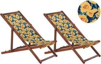 Beliani Beliani - Conjunto De 2 Tumbonas De Jard&iacute;n De Madera De Acacia Oscura Amarillo Azul Verde Floral Reclinable Plegable Anzio