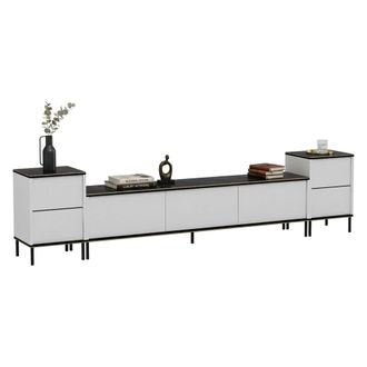 Dmora Mueble Para Tv Cortin, 2 Estantes, 5 Puertas, Acabados Dorados, 180x35x45h Cm Blanco